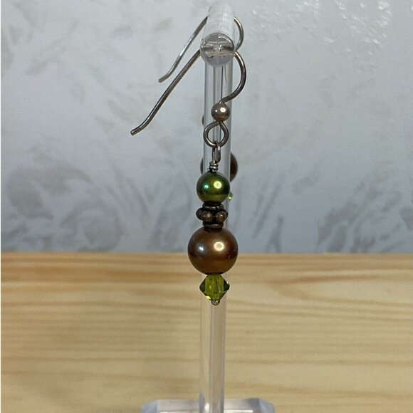 Green and Copper Tone Pierced Dangling Ball Bead Earrings - Picture 2 of 3